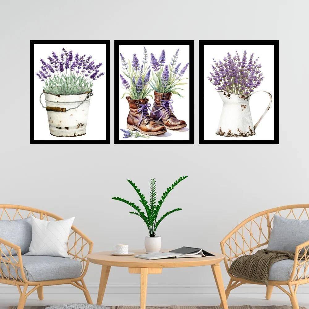 Kit 3 Quadros Jardim - Lavanda 33X24Cm - Com Vidro