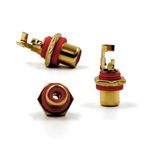 Jack Rca Fêmea Dourado Com Porca Vermelho 10 Unidades