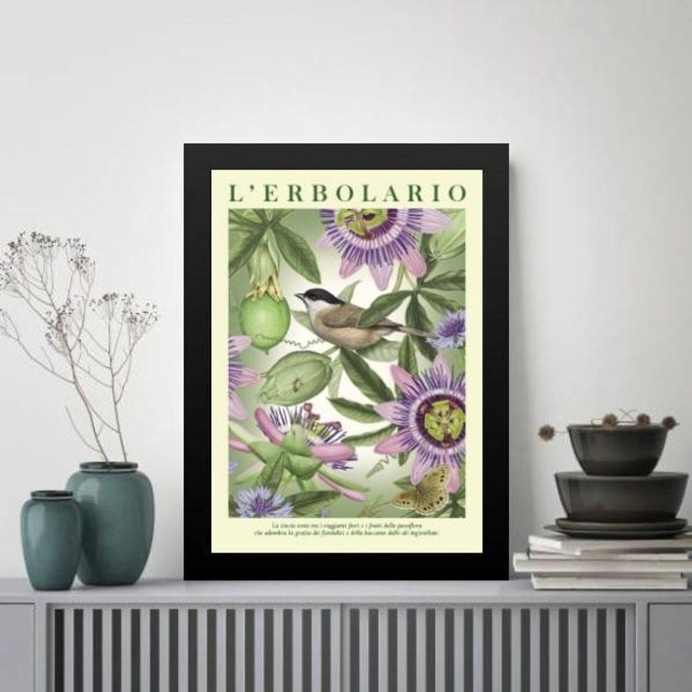 Quadro Passarinho Com Flores Lilás 33X24Cm