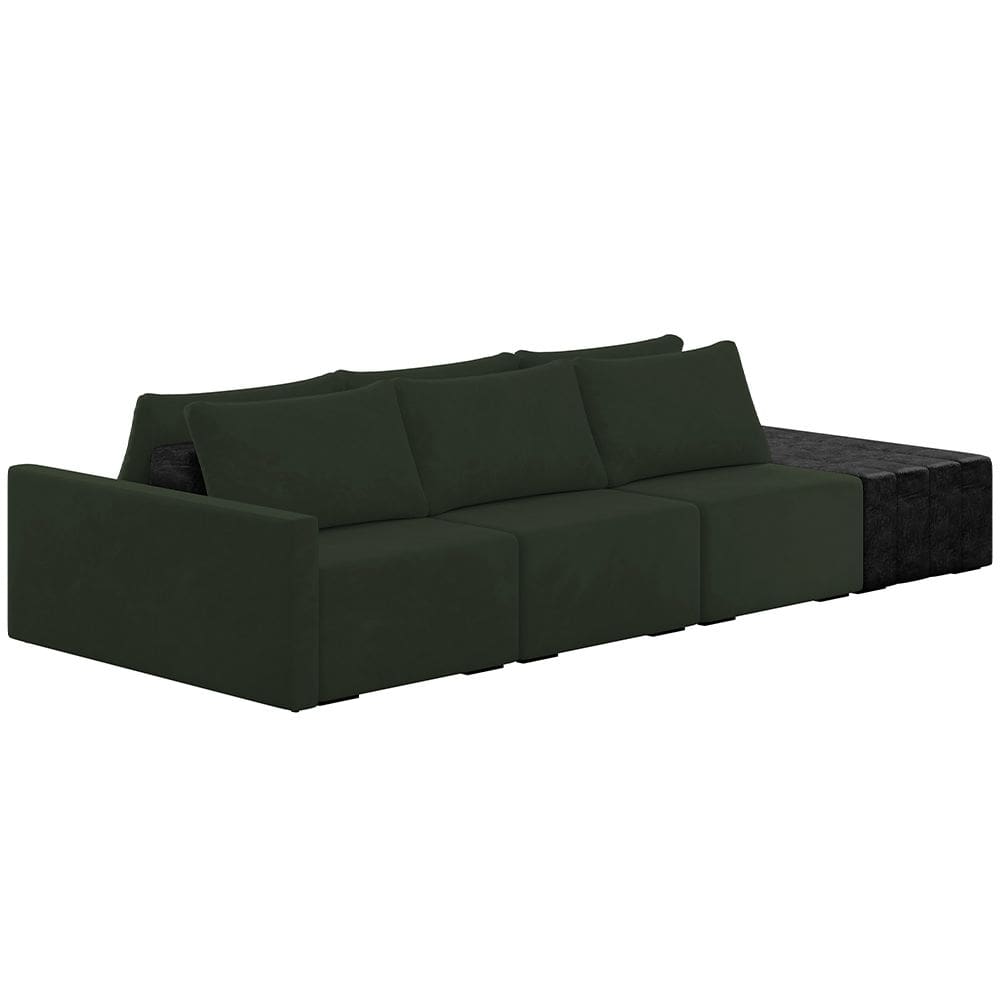 Sofá Ilha Modular Para Sala 312cm com Puff Dublin K01 Veludo Verde e Sintético Preto - Lyam Decor
