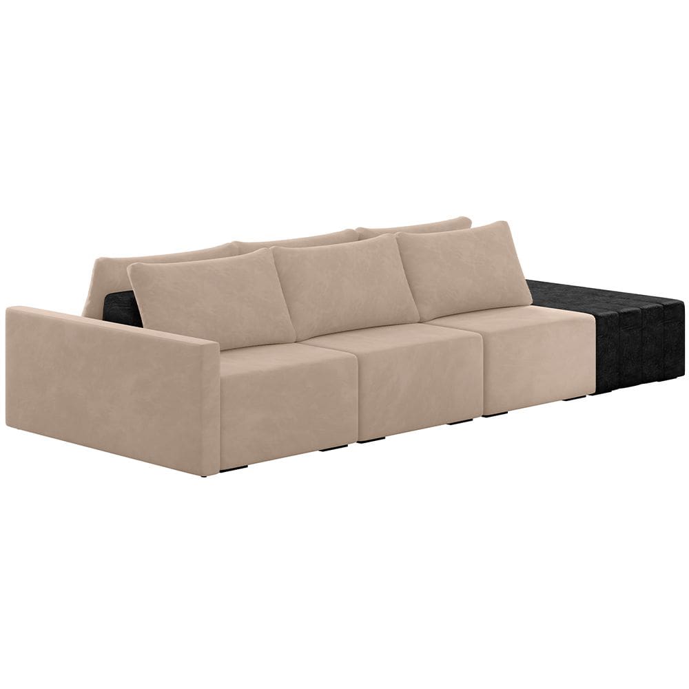 Sofá Ilha Modular Para Sala 312cm com Puff Dublin K01 Veludo Bege e Sintético Preto - Lyam Decor