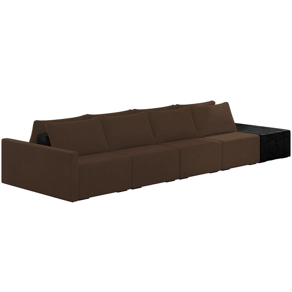 Sofá Ilha Modular Para Sala 432cm com Puff Dublin K01 Veludo Marrom e Sintético Preto - Lyam Decor