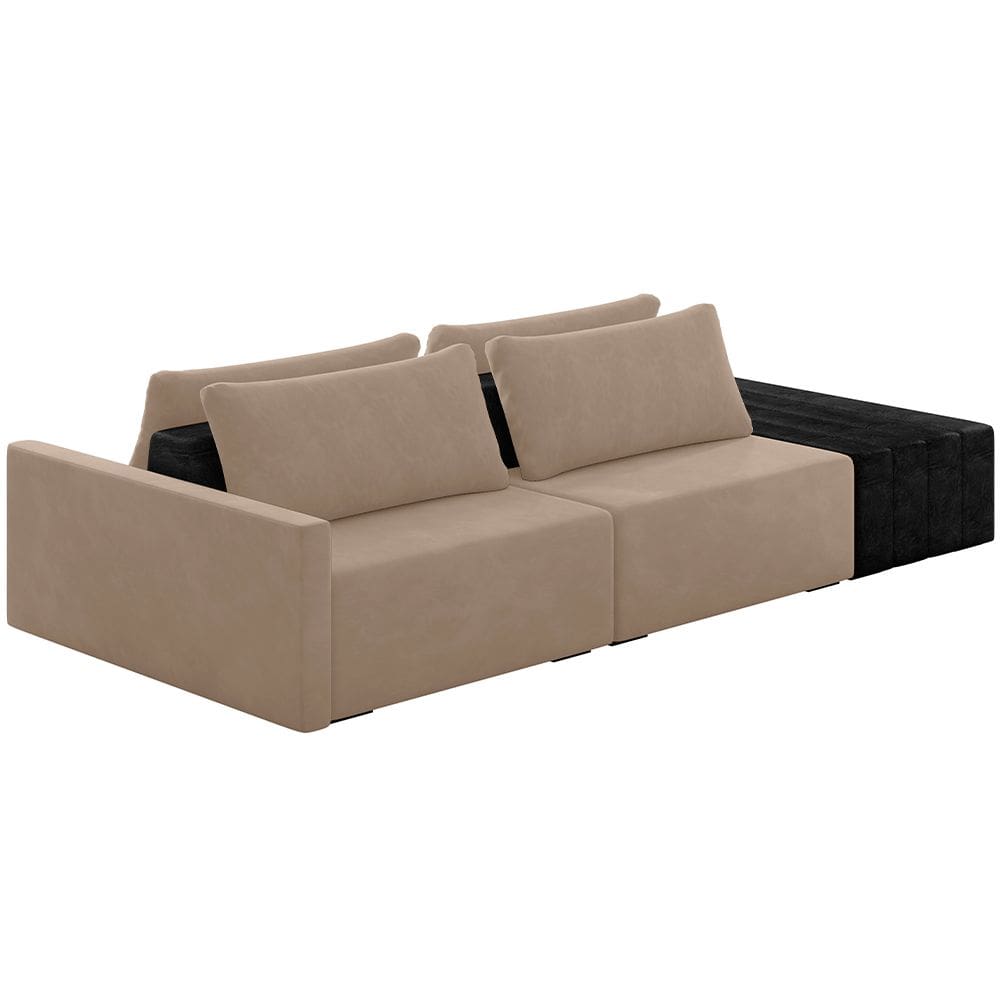 Sofá Ilha Modular Para Sala 232cm com Puff Dublin K01 Veludo Bege e Sintético Preto - Lyam Decor