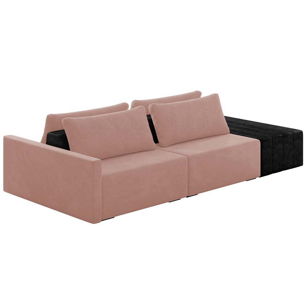 Sofá Ilha Modular Para Sala 252cm com Puff Dublin K01 Veludo Rosê e Sintético Preto - Lyam Decor