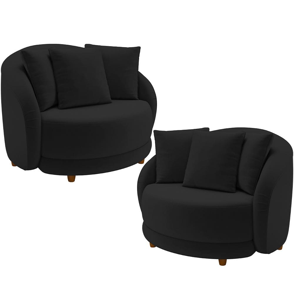 Kit 02 Poltronas Decorativas Para Sala de Estar Base Fixa Pés Madeira Witta M03 Veludo Preto - Lyam Decor