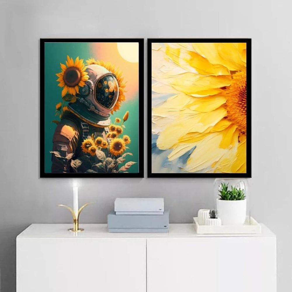 Kit 2 Quadros Astronauta E Girassois 33X24Cm - Com Vidro