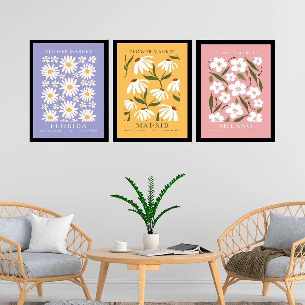 Kit 3 Quadros Flores Flowers Market 45X34Cm - Com Vidro