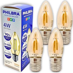 Kit 4 Lâmpadas Vintage Filamento Led Vela C37 Âmbar 2200K
