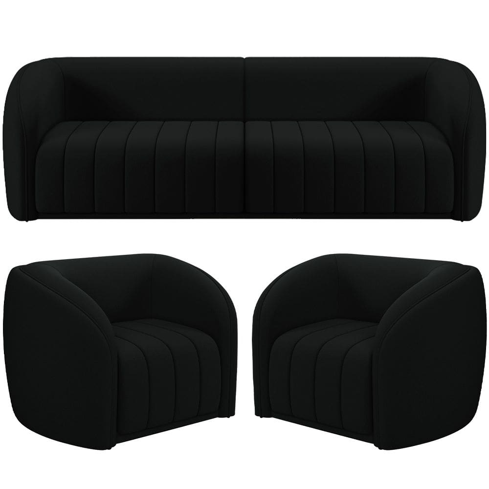 Kit Sofá 4 Lugares Para Sala 292cm com 02 Poltronas Lazio M03 Veludo Preto - Lyam Decor