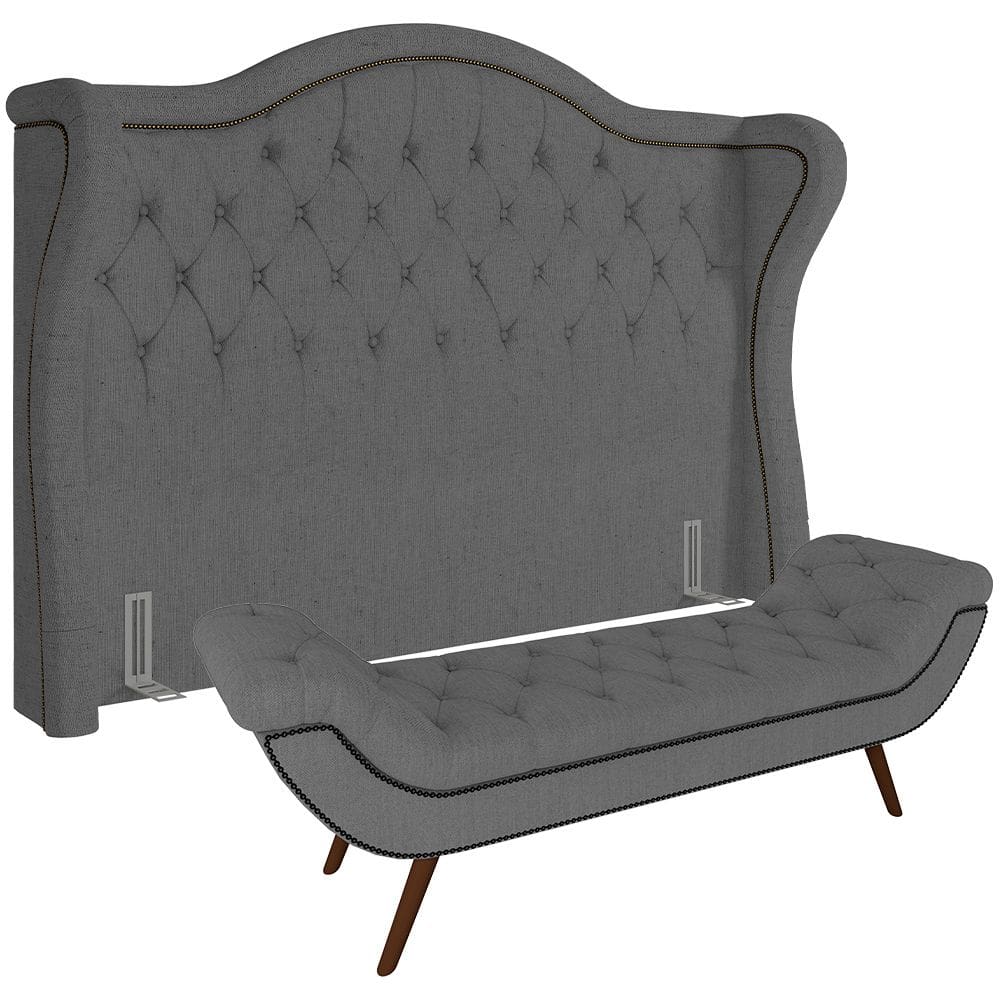 Kit Cabeceira Cama Box Lisboa 140 Cm com Puff Recamier Santorini Linho Cinza Escuro - Lyam Decor