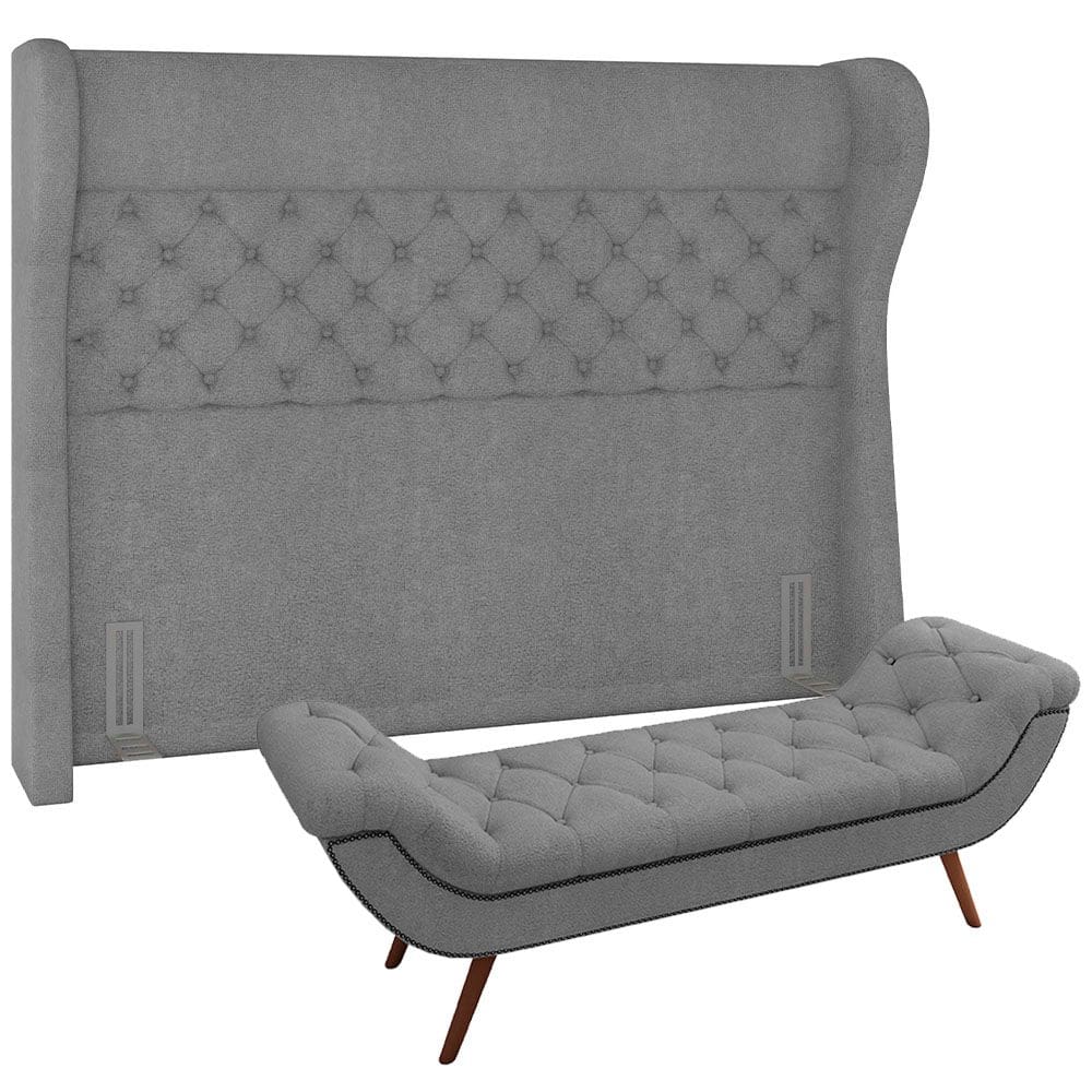 Kit Cabeceira Cama Box Casal 140 cm Madrid com Puff Recamier Santorini P05 Bouclê Cinza - Lyam Decor