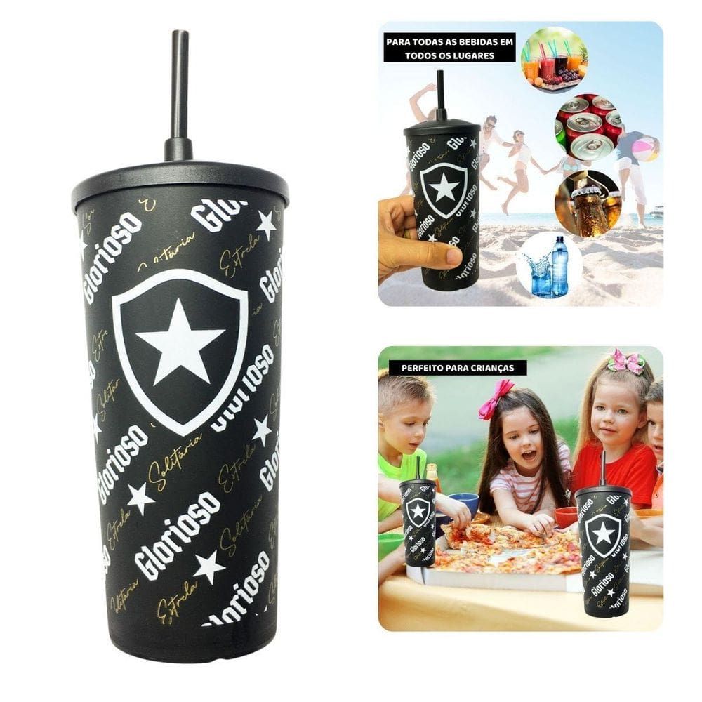 Copo Plástico Preto Tampa Canudo 500Ml Infantil Bebidas