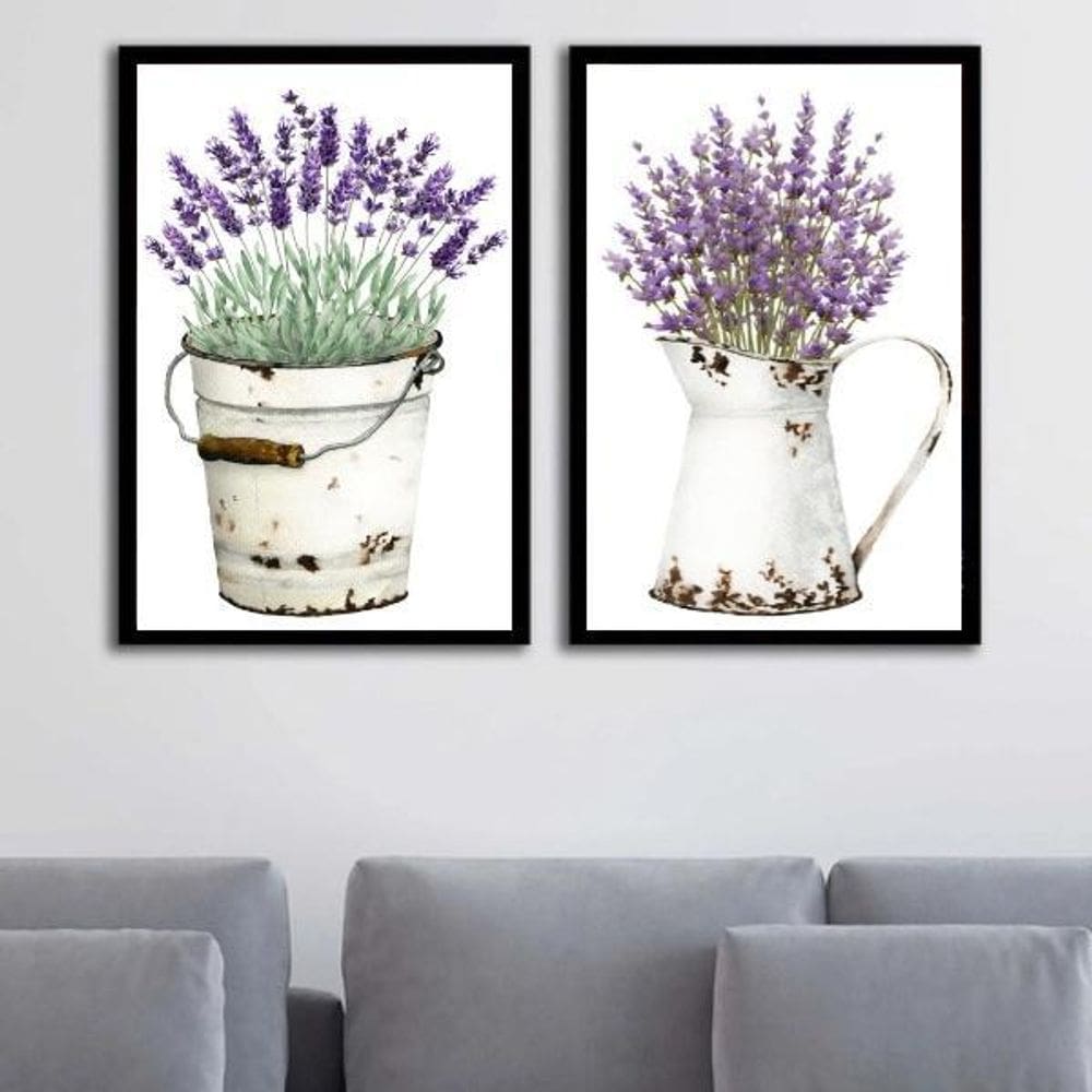 Kit 2 Quadros Vasos Com Lavanda 45X34Cm - Com Vidro