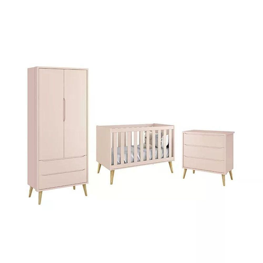 Dormitório Theo 2 Portas Rosa Com Pés Madeira Natural - Reller Móveis Rosa