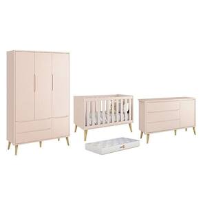 Dormitório Theo 3 Portas Rosa Com Pés Madeira Natural E Colchão D18 Branco - Reller Móveis Rosa