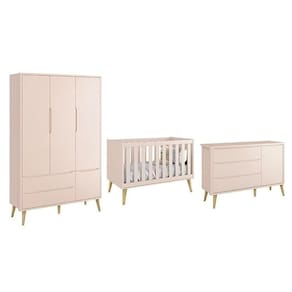Dormitório Theo 3 Portas Rosa Com Pés Madeira Natural - Reller Móveis Rosa