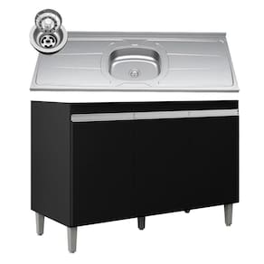 Balcão De Cozinha Com Pia Inox 120cm 3 Portas Manu Preto - Ajl Móveis
