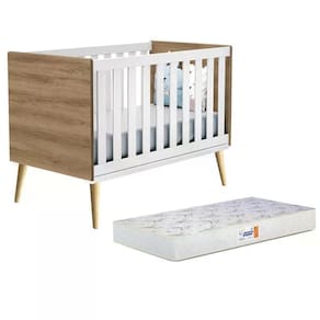 Berço Americano Theo Branco Fosco Mezzo Com Pés Madeira Natural E Colchão D18 - Reller Móveis Branco Fosco Mezzo