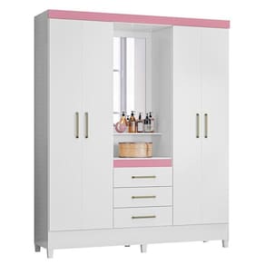 Guarda Roupa Capelinha Pérsia 4 Portas Branco Rosa Com Espelho - Demóbile Branco Rosa