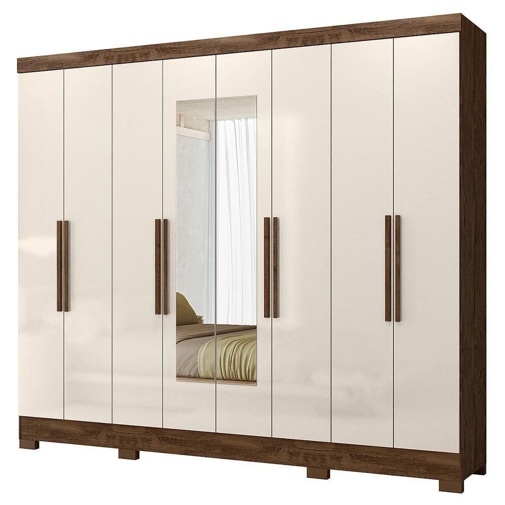 Guarda Roupa Casal Diplomata 8 Portas Castanho Wood Off White Com Espelho - Moval Castanho Wood Off White