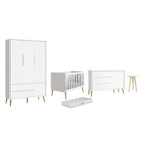 Dormitório Theo 3 Portas, Mesa De Canto Branco Com Pés Madeira Natural E Colchão D18 - Reller Móveis Branco