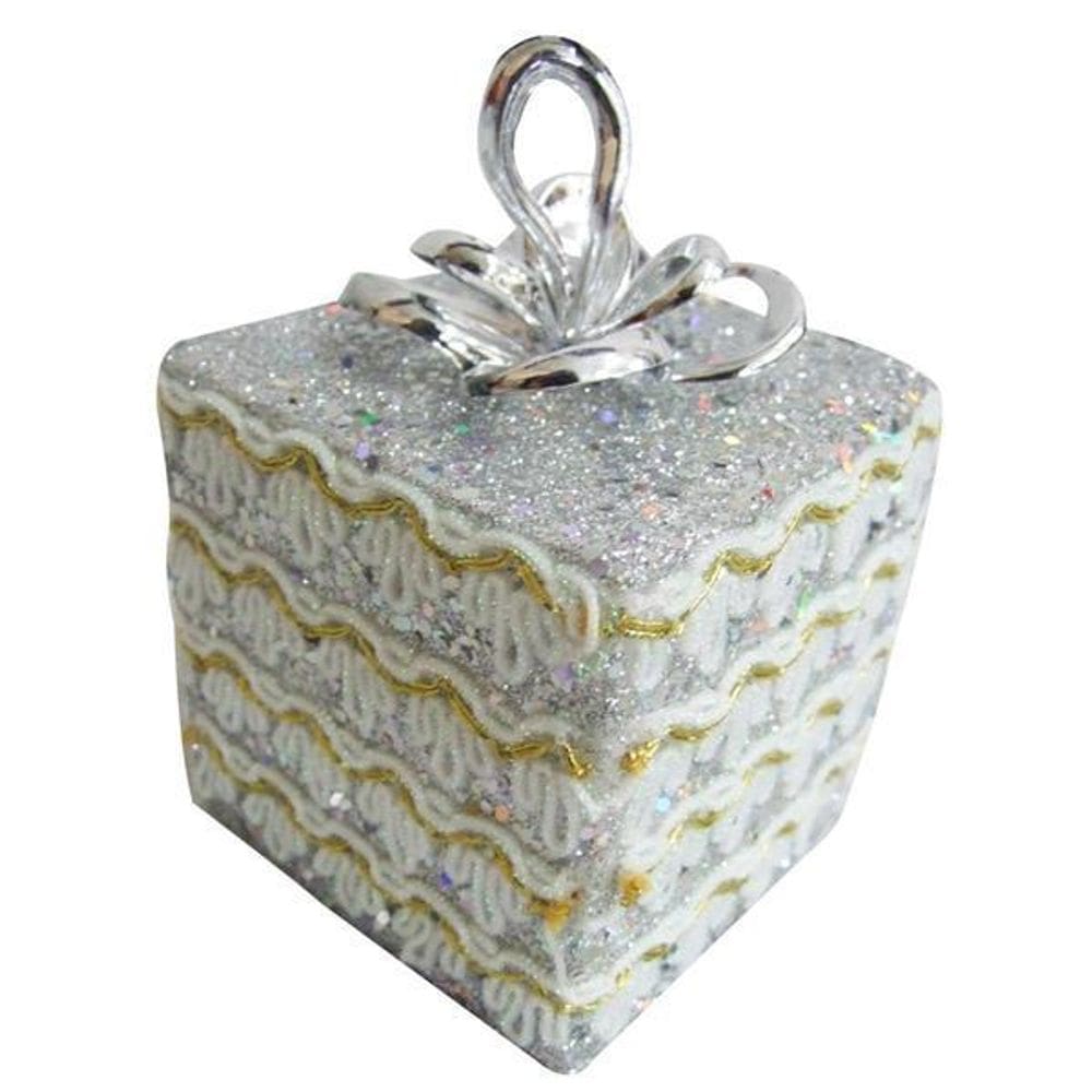 Enfeite De Natal Caixa Prata Arvore/Mesa/Porta Pequeno 8Cm