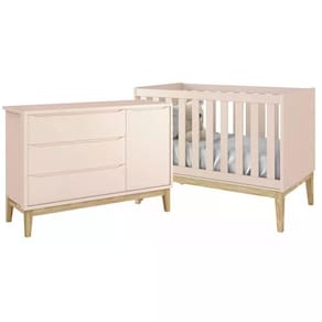 Jogo De Quarto Classic Cômoda Com Porta E Berço Rosa Fosco Com Pés Madeira Natural - Reller Móveis Rosa Fosco