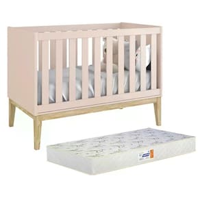 Berço Americano Classic Rosa Fosco Com Pés Madeira Natural E Colchão D18 - Reller Móveis Rosa Fosco