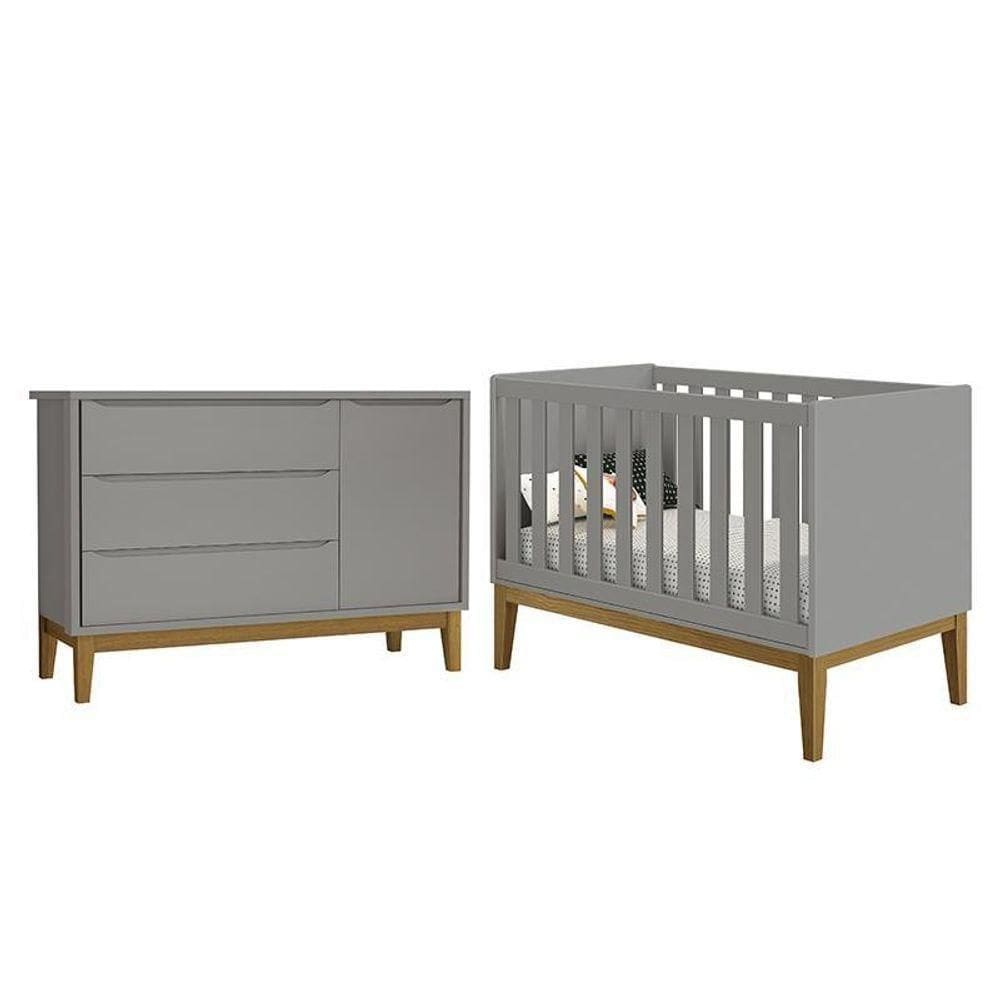Jogo De Quarto Infantil Cômoda 1 Porta E Berço Classic Cinza Fosco Com Pés Amadeirado - Reller Móveis Cinza Fosco - Cinza