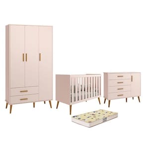 Dormitório Infantil Isis Guarda Roupa 3 Portas, Cômoda 1 Porta E Berço Rosa Com Colchão D18 - Reller Móveis Rosa
