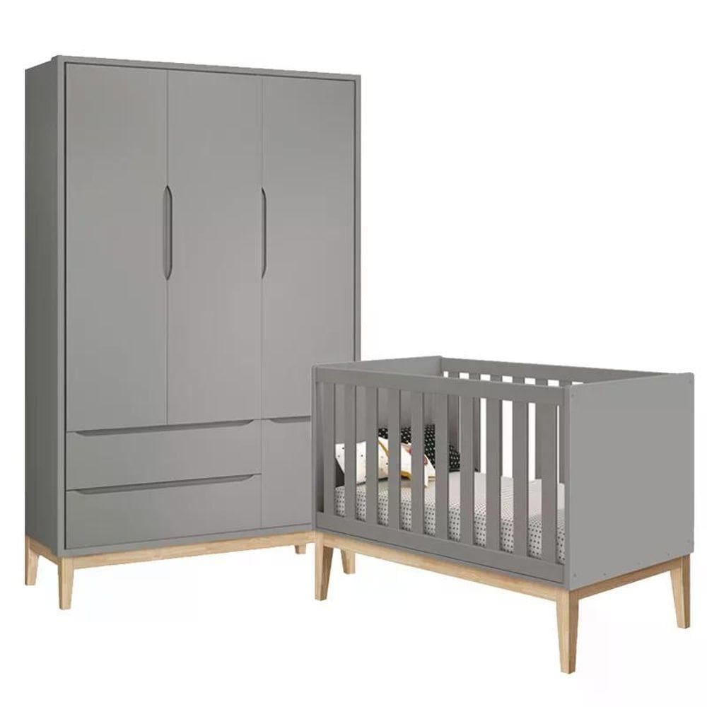 Jogo De Quarto Classic Guarda Roupa 3 Portas E Berço Cinza Fosco Com Pés Madeira Natural - Reller Móveis Cinza Fosco - Cinza