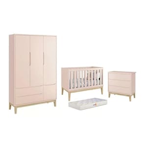 Dormitório Classic 3 Portas, Cômoda 3 Gavetas Rosa Com Pés Madeira Natural E Colchão D18 - Reller Móveis Rosa