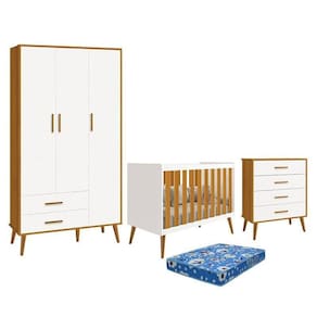 Dormitório Infantil Isis Guarda Roupa 3 Portas, Cômoda E Berço Branco Savana Com Colchão - Reller Móveis Branco Savana