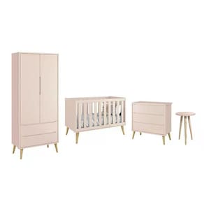 Dormitório Theo 2 Portas E Mesa De Canto Rosa Com Pés Madeira Natural - Reller Móveis Rosa