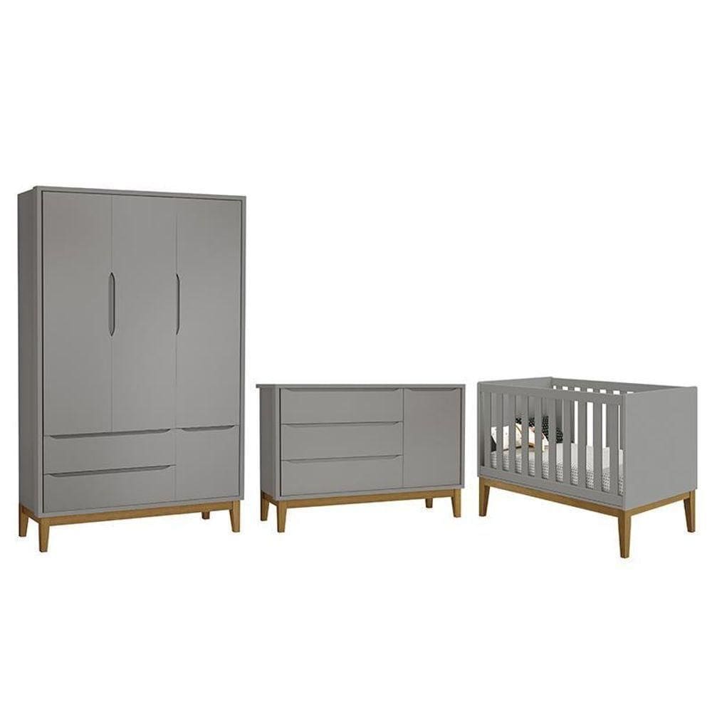 Dormitório Infantil Classic 3 Portas, Cômoda 1 Porta E Berço Cinza Fosco Com Pés Amadeirado - Reller Móveis Cinza Fosco - Cinza