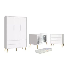 Dormitório Theo 3 Portas, Cômoda 3 Gavetas Branco Com Pés Madeira Natural E Colchão D18 - Reller Móveis Branco