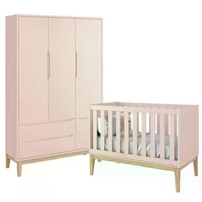 Jogo De Quarto Classic Guarda Roupa 3 Portas E Berço Rosa Fosco Com Pés Madeira Natural - Reller Móveis Rosa Fosco