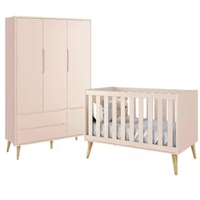 Jogo De Quarto Infantil Theo Guarda Roupa 3 Portas E Berço Rosa Fosco Com Pés Madeira Natural - Reller Móveis Rosa Fosco