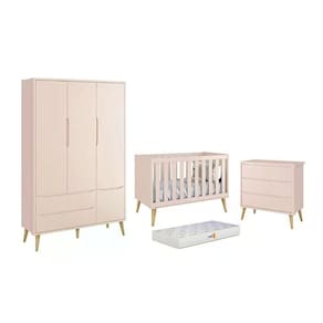 Dormitório Theo 3 Portas, Cômoda 3 Gavetas Rosa Com Pés Madeira Natural E Colchão D18 - Reller Móveis Rosa