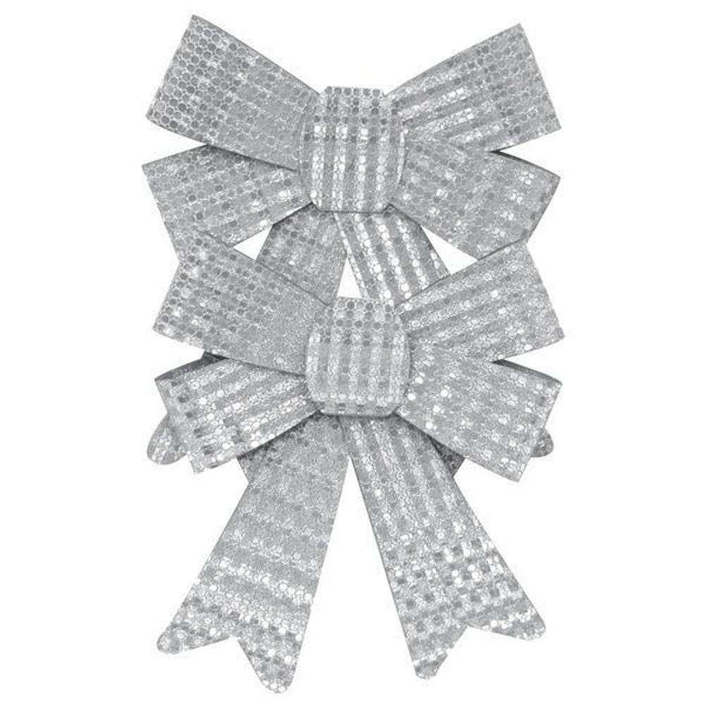 Enfeite De Natal 2 Laços Prata Para Arvore/Mesa/Porta 12Cm