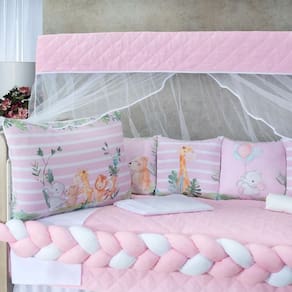 Kit Berço 12 Peças Almofadinhas Floresta Rosa Bebê Menina