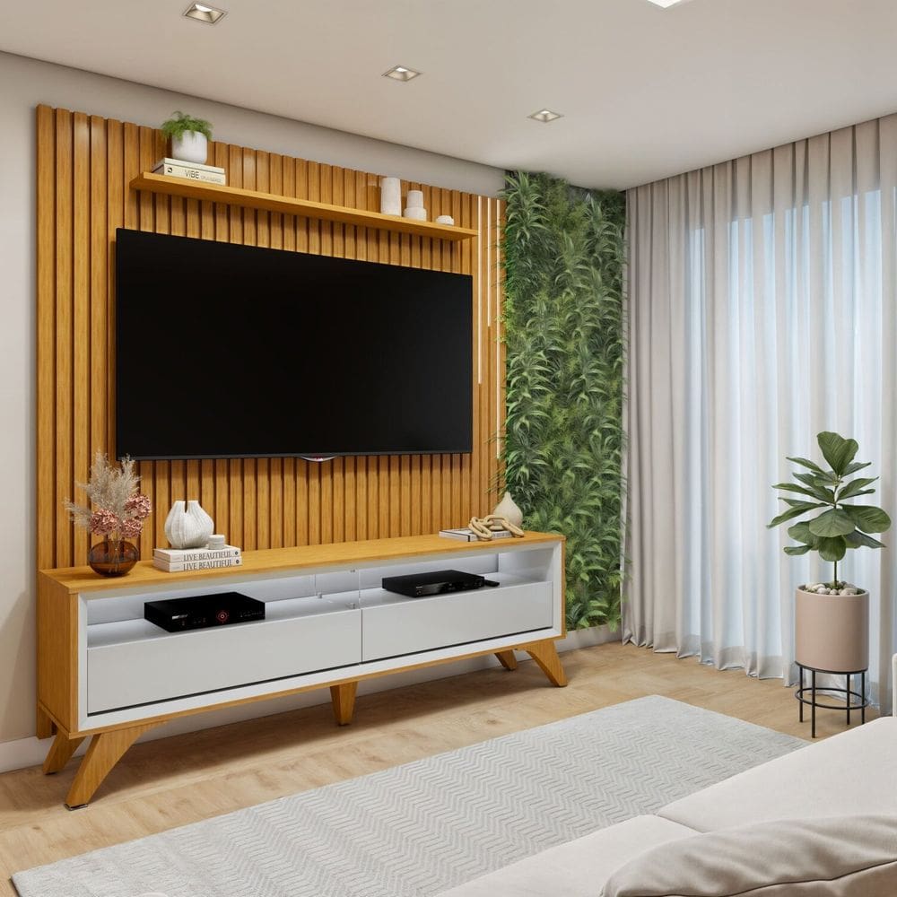 Conjunto Rack Áustria 180cm com Painel Ripado com Led para Tv de até 75 Polegadas Paris Naturalle/Off White