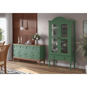 Conjunto Cristaleira Luis Xv Alta Com Balcão 4 P E 4 G De Madeira Maciça E Mdf Verde