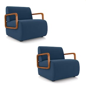 Poltrona Sala De Estar Braço De Madeira Kit 2 Hellen Veludo K01 - D`rossi Cor Azul Marinho