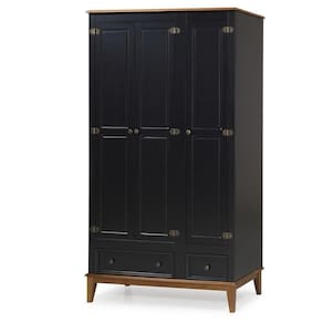 Guarda-roupa Rústico 3 Portas E 2 Gavetas - Madeira Maciça E Mdf - Preto