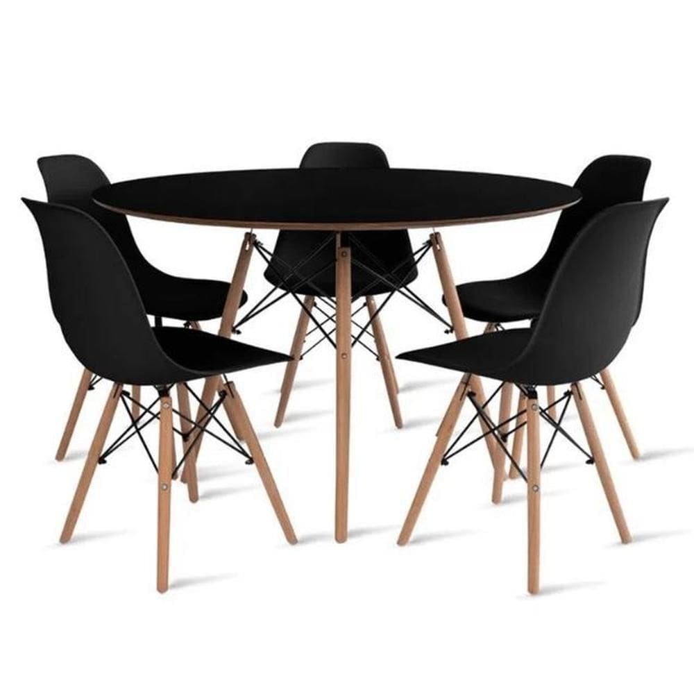 Conjunto De Mesa De Jantar Eames Eiffel Redonda 120cm Tampo De Madeira Preto Com 5 Cadeiras Pretas
