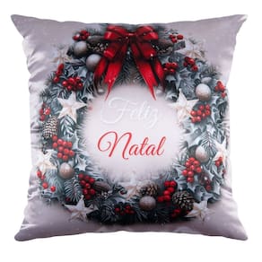 Capa Almofada Cetim Guirlanda de Natal 43x43cm Verde/Vermelho