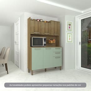 Cozinha Compacta 6 Portas E 2 Gavetas Com Tampo Luciane Móveis Carvalho Avelã Verde Mar