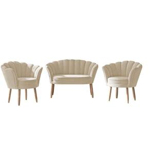 Kit 2 Poltronas + Sofá 2 Lugares Veludo Sala Decorativa Flor Cor:bege Bege