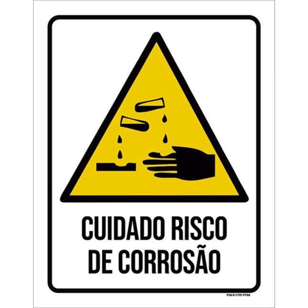 Kit 3 Placas Sinalização - Cuidado Risco Corrosão Ícone